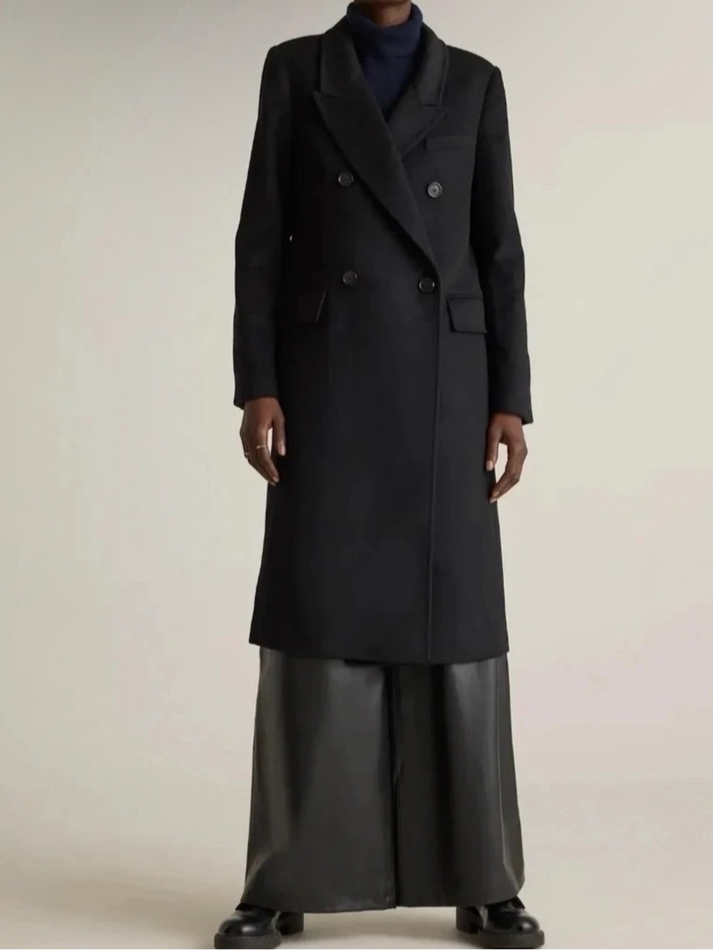 Quince NWT Italian Wool Double-Breasted Long Coat Black S Small
